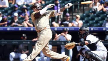 Aug 18, 2024; Denver, Colorado, USA; San Diego Padres third baseman Manny Machado (13) lines out to end the fifth inning against the Colorado Rockies at Coors Field. Mandatory Credit: Christopher Hanewinckel-USA TODAY Sports