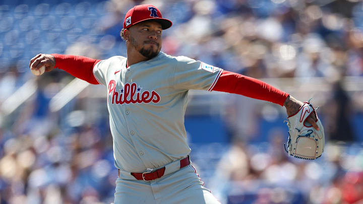 Mar 2, 2025; Dunedin, Florida, USA; Philadelphia Phillies pitcher Taijuan Walker (99) throws a pitch against the Toronto Blue Jays in the first inning during spring training at TD Ballpark Mar 2, 2025; Dunedin, Florida, USA; Philadelphia Phillies pitcher Taijuan Walker (99) throws a pitch against the Toronto Blue Jays in the first inning during spring training at TD Ballpark