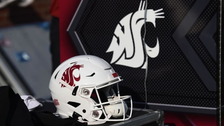 Sep 11, 2021; Pullman, Washington, USA; Washington State Cougars helmet sits during a game against the Portland State Vikings in the second half at Gesa Field at Martin Stadium. The Cougars won 44-24. Mandatory Credit: James Snook-USA TODAY Sports