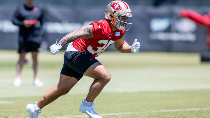 May 10, 2024; Santa Clara, CA, USA; San Francisco 49ers running back Cody Schrader (38) runs drills during the 49ers rookie minicamp at Levi’s Stadium in Santa Clara, CA. Mandatory Credit: Robert Kupbens-USA TODAY Sports