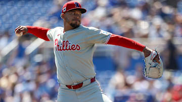 Mar 2, 2025; Dunedin, Florida, USA; Philadelphia Phillies pitcher Taijuan Walker (99) throws a pitch against the Toronto Blue Jays in the first inning during spring training at TD Ballpark. Mandatory Credit: Nathan Ray Seebeck-Imagn Images