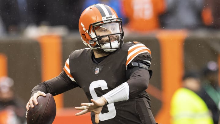 Nov 21, 2021; Cleveland, Ohio, USA; Cleveland Browns quarterback Baker Mayfield (6) throws the ball against the Detroit Lions during the first quarter at FirstEnergy Stadium. Mandatory Credit: Scott Galvin-USA TODAY Sports