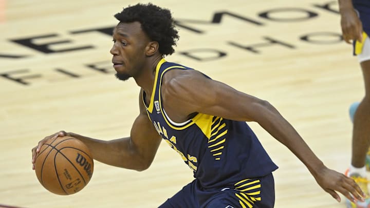 Indiana Pacers center James Wiseman dribbles the ball. Indiana Pacers center James Wiseman dribbles the ball.