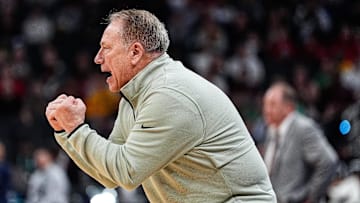 Michigan State head coach Tom Izzo reacts to a play against Wisconsin during the second half of Big Ten Tournament semifinal at Gainbridge Fieldhouse in Indianapolis, Ind. on Saturday, March 15, 2025.