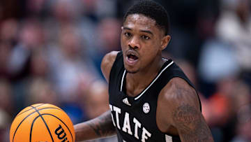 Mississippi State Bulldogs guard Shawn Jones Jr. (5) brings the ball up court against Auburn Tigers during their SEC Men's Basketball Tournament semifinal game at Bridgestone Arena in Nashville, Tenn., Saturday, March 16, 202 at Bridgestone Arena in Nashville, Tenn., Saturday, March 16, 2024.
