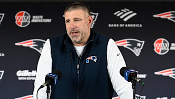 Mar 13, 2025; Foxborough, MA, USA; New England Patriots head coach Mike Vrabel discusses the teamís recent free agent additions with the media at Gillette Stadium. Mandatory Credit: Eric Canha-Imagn Images