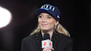 Apr 14, 2025; New York, New York, USA; Paige Bueckers is interviewed by ESPN after being selected with the number one overall pick to the Dallas Wings in the 2025 WNBA Draft at The Shed at Hudson Yards. Mandatory Credit: Vincent Carchietta-Imagn Images