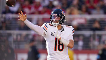 Dec 8, 2024; Santa Clara, California, USA; Chicago Bears quarterback Caleb Williams (18) throws a pass against the San Francisco 49ers in the first quarter at Levi's Stadium. Mandatory Credit: Cary Edmondson-Imagn Images