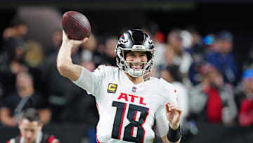 Dec 16, 2024; Paradise, Nevada, USA; Atlanta Falcons quarterback Kirk Cousins (18) warms up before a game against the Las Vegas Raiders at Allegiant Stadium. Mandatory Credit: Stephen R. Sylvanie-Imagn Images