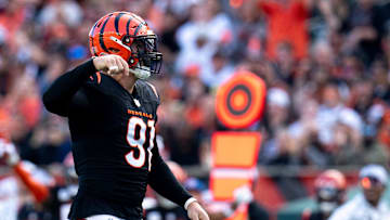 Cincinnati Bengals defensive end Trey Hendrickson (91) reacts after pressuring Las Vegas Raiders quarterback Desmond Ridder (10) who threw an incomplete pass in the fourth quarter of the NFL game at Paycor Stadium in Cincinnati on Sunday, Nov. 3, 2024.