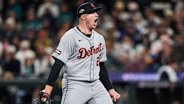 Tigers pitcher Tarik Skubal celebrates striking out Mariners catcher Cal Raleigh in the sixth inning of ALDS Game 5 at T-Mobile Park in Seattle on Friday, Oct. 10, 2025.