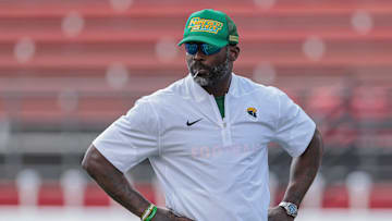 Sep 13, 2025; Piscataway, New Jersey, USA; Norfolk State Spartans head coach Michael Vick looks on before the game against the Rutgers Scarlet Knights at SHI Stadium. Mandatory Credit: Vincent Carchietta-Imagn Images