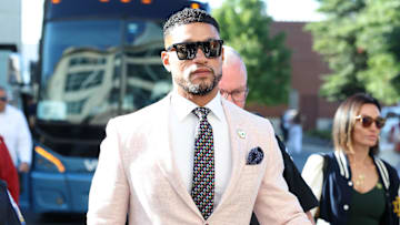 Sep 27, 2025; Fayetteville, Arkansas, USA; Notre Dame Fighting Irish head coach Marcus Freeman arrives prior to the game against the Arkansas Razorbacks at Donald W. Reynolds Razorback Stadium. Mandatory Credit: Nelson Chenault-Imagn Images