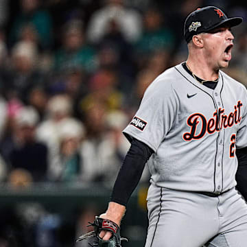 Tigers pitcher Tarik Skubal celebrates striking out Mariners catcher Cal Raleigh in the sixth inning of ALDS Game 5 at T-Mobile Park in Seattle on Friday, Oct. 10, 2025.