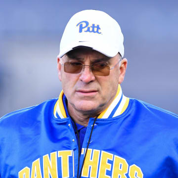 Nov 11, 2023; New York, New York, USA;  Pittsburgh Panthers head coach Pat Narduzzi watches warm ups before the game against against the Syracuse Orange at Yankee Stadium. Mandatory Credit: Dennis Schneidler-USA TODAY Sports