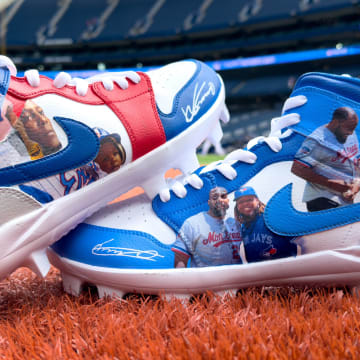 Toronto Blue Jays first baseman Vladimir Guerrero Jr.'s special edition cleats feature pictures of him with his father, Hall of Fame outfielder Vladimir Guerrero.