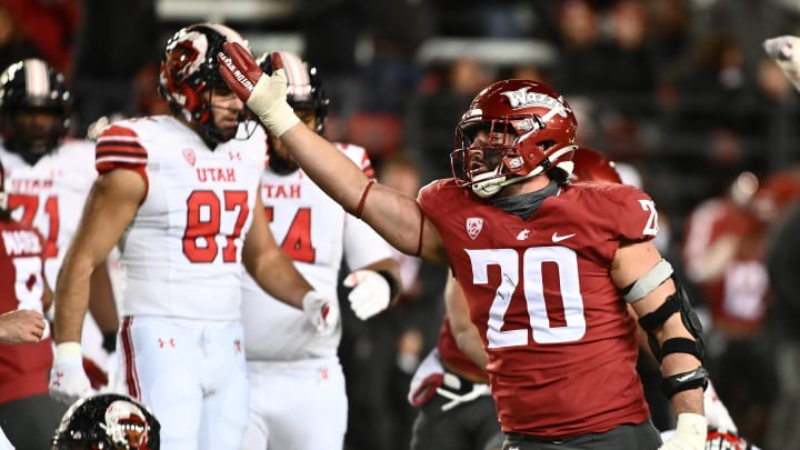 Oct 27, 2022; Pullman, Washington, USA; Washington State Cougars defensive end Quinn Roff (20) celebrates a Utah Utes turnover in the second half at Gesa Field at Martin Stadium. Mandatory Credit: James Snook-USA TODAY Sports