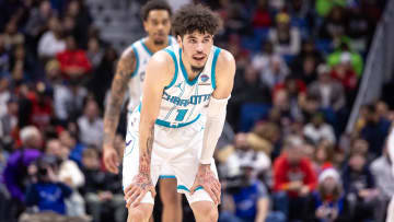 Jan 17, 2024; New Orleans, Louisiana, USA; Charlotte Hornets guard LaMelo Ball (1) looks on against the New Orleans Pelicans during the second half at Smoothie King Center. Mandatory Credit: Stephen Lew-USA TODAY Sports