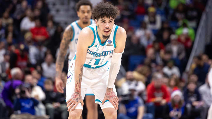 Jan 17, 2024; New Orleans, Louisiana, USA; Charlotte Hornets guard LaMelo Ball (1) looks on against the New Orleans Pelicans during the second half at Smoothie King Center. Mandatory Credit: Stephen Lew-USA TODAY Sports