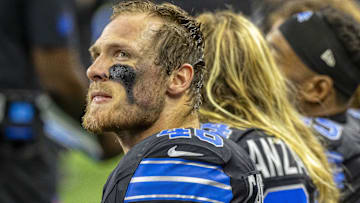 Oct 20, 2025; Detroit, Michigan, USA; Detroit Lions linebacker Jack Campbell (46) sits on the bench against the Tampa Bay Buccaneers during the second half at Ford Field.