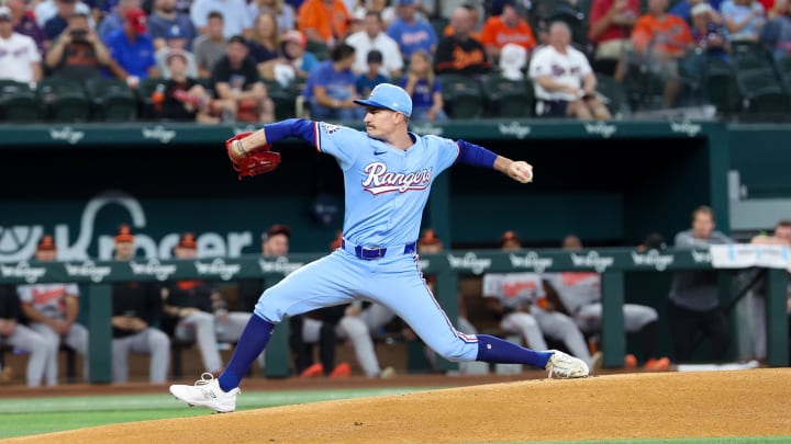 Jul 21, 2024; Arlington, Texas, USA;  Texas Rangers starting pitcher Andrew Heaney (44) throws during the first inning against the Baltimore Orioles at Globe Life Field. Mandatory Credit: Kevin Jairaj-USA TODAY Sports