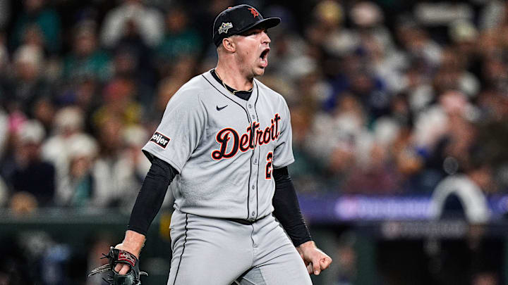 Tigers pitcher Tarik Skubal celebrates striking out Mariners catcher Cal Raleigh in the sixth inning of ALDS Game 5 at T-Mobile Park in Seattle on Friday, Oct. 10, 2025.