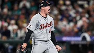 Tigers pitcher Tarik Skubal celebrates striking out Mariners catcher Cal Raleigh in the sixth inning of ALDS Game 5 at T-Mobile Park in Seattle on Friday, Oct. 10, 2025.