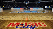 General view of the logos on the court before practice for the semifinals of the Final Four in the 2014 NCAA Womens Division I Championship tournament at Bridgestone Arena.