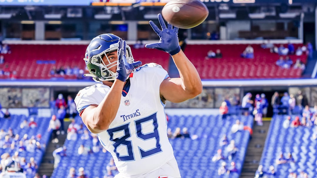 Oct 20, 2024; Orchard Park, New York, USA; Tennessee Titans tight end Thomas Odukoya (89) warms up prior to the game against the Buffalo Bills at Highmark Stadium. Mandatory Credit: Gregory Fisher-Imagn Images