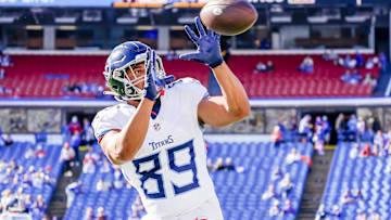 Oct 20, 2024; Orchard Park, New York, USA; Tennessee Titans tight end Thomas Odukoya (89) warms up prior to the game against the Buffalo Bills at Highmark Stadium. Mandatory Credit: Gregory Fisher-Imagn Images