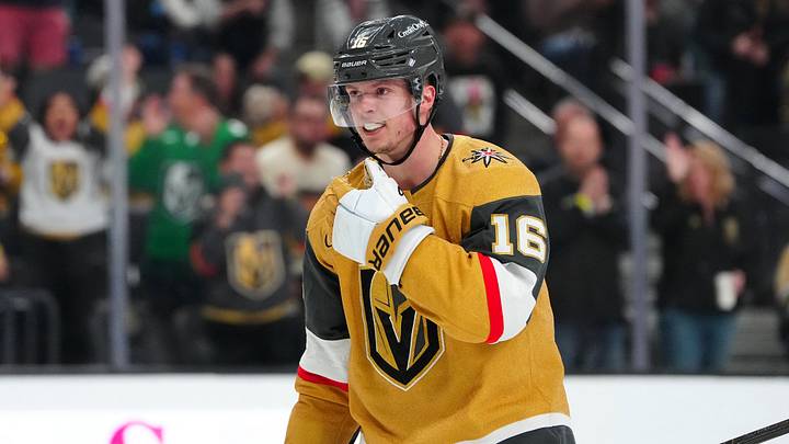 Mar 12, 2026; Las Vegas, Nevada, USA; Vegas Golden Knights right wing Pavel Dorofeyev (16) celebrates after scoring a goal against the Pittsburgh Penguins during the third period at T-Mobile Arena. Mandatory Credit: Stephen R. Sylvanie-Imagn Images