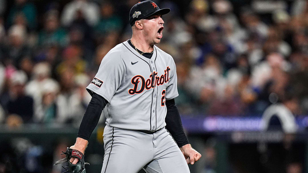Tigers pitcher Tarik Skubal celebrates striking out Mariners catcher Cal Raleigh in the sixth inning of ALDS Game 5 at T-Mobile Park in Seattle on Friday, Oct. 10, 2025.