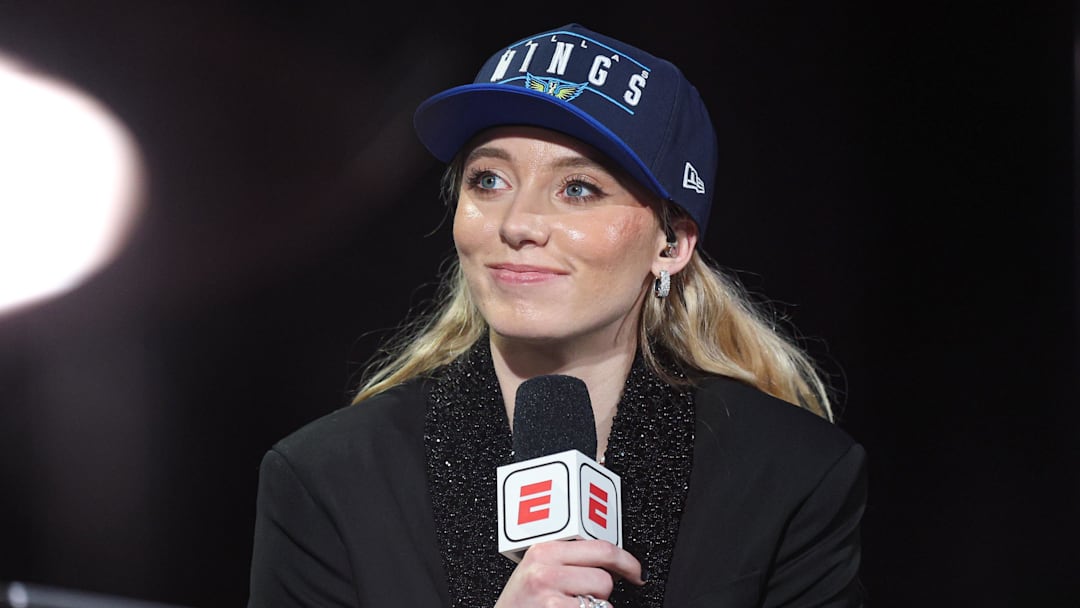 Apr 14, 2025; New York, New York, USA; Paige Bueckers is interviewed by ESPN after being selected with the number one overall pick to the Dallas Wings in the 2025 WNBA Draft at The Shed at Hudson Yards. Mandatory Credit: Vincent Carchietta-Imagn Images