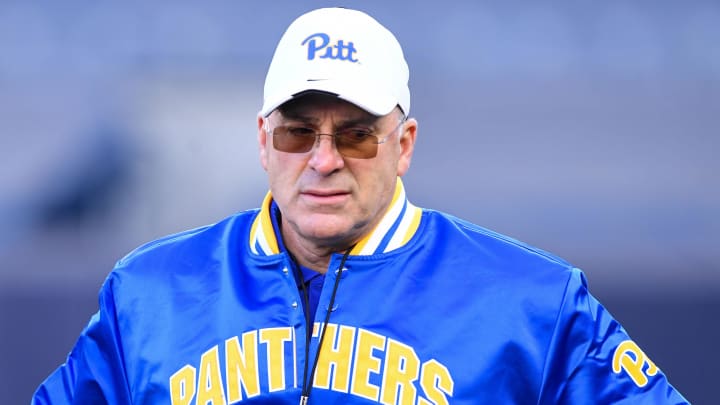 Nov 11, 2023; New York, New York, USA;  Pittsburgh Panthers head coach Pat Narduzzi watches warm ups before the game against against the Syracuse Orange at Yankee Stadium. Mandatory Credit: Dennis Schneidler-USA TODAY Sports