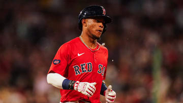 Boston Red Sox center fielder Ceddanne Rafaela hits a two-run home run against the Detroit Tigers in the sixth inning at Fenway Park.