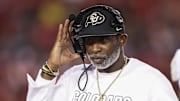 Sep 12, 2025; Houston, Texas, USA; Colorado Buffaloes head coach Deion Sanders reacts during the second quarter against the Houston Cougars at TDECU Stadium. Mandatory Credit: Troy Taormina-Imagn Images