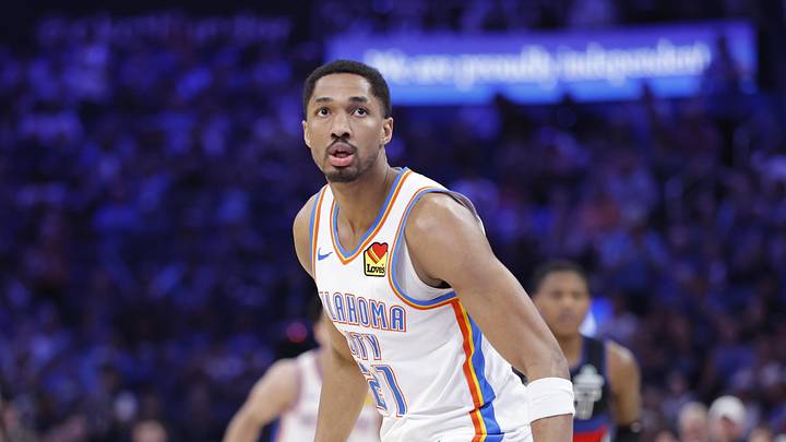 Mar 30, 2026; Oklahoma City, Oklahoma, USA; Oklahoma City Thunder guard Aaron Wiggins (21) looks down the court during a play against the Detroit Pistons in the second half at Paycom Center. Mandatory Credit: Alonzo Adams-Imagn Images