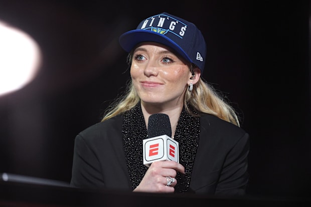 Paige Bueckers is interviewed after being selected with the No. 1 overall pick by the Dallas Wings in the 2025 WNBA Draft.