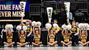 West Virginia Mountaineers cheerleaders during the first half against the Colorado Buffaloes at T-Mobile Center. 