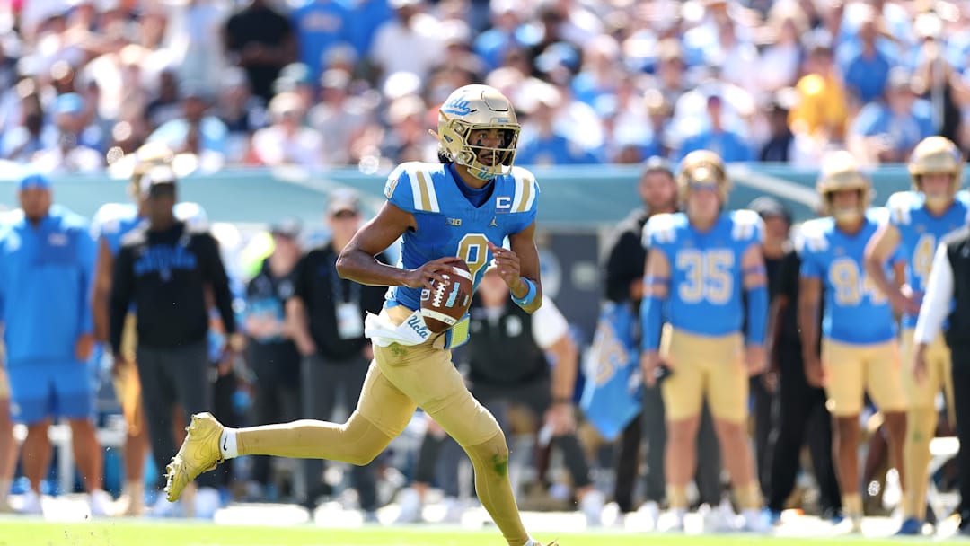 UCLA quarterback Nico Iamaleava rolls out during the Bruins' 42-37 upset victory over the No. 7 Penn State Nittany Lions on Oct. 4, 2025.