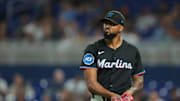 Sep 12, 2025; Miami, Florida, USA; Miami Marlins starting pitcher Sandy Alcantara (22) reacts against the Detroit Tigers during the third inning at loanDepot Park. Mandatory Credit: Sam Navarro-Imagn Images