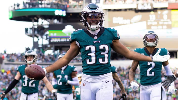 Jan 1, 2023; Philadelphia, Pennsylvania, USA; Philadelphia Eagles cornerback Josiah Scott (33) reacts after intercepting the ball against the New Orleans Saints during the second quarter at Lincoln Financial Field. Mandatory Credit: Bill Streicher-USA TODAY Sports