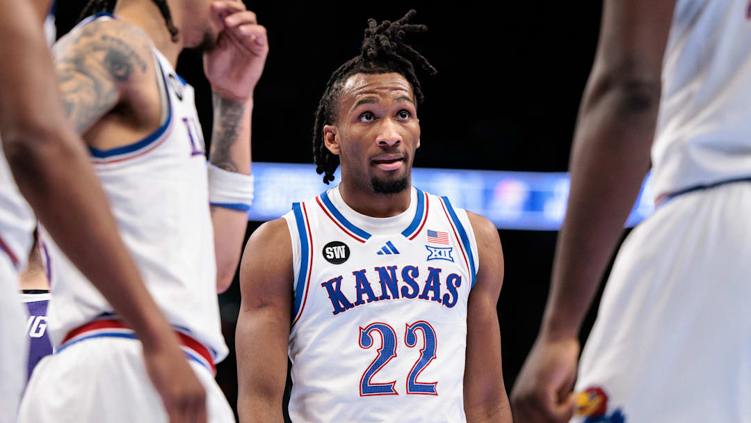 Mar 12, 2026; Kansas City, MO, USA; Kansas Jayhawks guard Darryn Peterson (22) during a break in play during the second half against the TCU Horned Frogs at T-Mobile Center. Mandatory Credit: William Purnell-Imagn Images