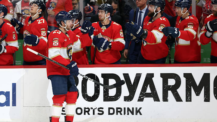May 11, 2025; Sunrise, Florida, USA; Florida Panthers center Carter Verhaeghe (23) is congratulated after scoring a goal against the Toronto Maple Leafs during the first period in game four of the second round of the 2025 Stanley Cup Playoffs at Amerant Bank Arena. Mandatory Credit: Kim Klement Neitzel-Imagn Images