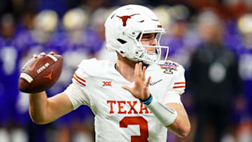 Jan 1, 2024; New Orleans, LA, USA; Texas Longhorns quarterback Quinn Ewers (3) throws a pass during the fourth quarter against the Washington Huskies in the 2024 Sugar Bowl college football playoff semifinal game at Caesars Superdome. Mandatory Credit: John David Mercer-USA TODAY Sports