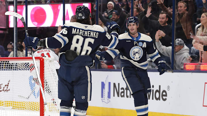 Dec 19, 2024; Columbus, Ohio, USA; Columbus Blue Jackets center Sean Monahan (23) celebrates his goal against the New Jersey Devils during the second period at Nationwide Arena. Mandatory Credit: Russell LaBounty-Imagn Images