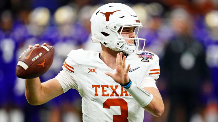 Jan 1, 2024; New Orleans, LA, USA; Texas Longhorns quarterback Quinn Ewers (3) throws a pass during the fourth quarter against the Washington Huskies in the 2024 Sugar Bowl college football playoff semifinal game at Caesars Superdome. 