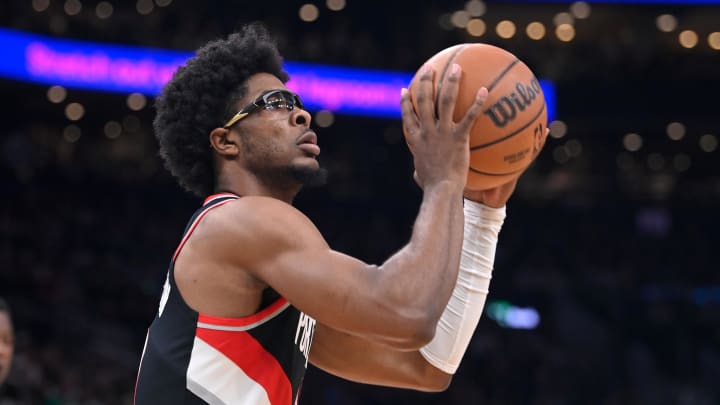 Apr 7, 2024; Boston, Massachusetts, USA; Portland Trail Blazers guard Scoot Henderson (00) shoots the ball against the Boston Celtics during the first half at TD Garden. Mandatory Credit: Eric Canha-USA TODAY Sports