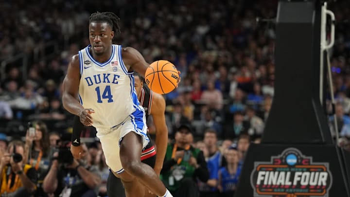 Apr 5, 2025; San Antonio, TX, USA;  Duke basketball guard Sion James (14) in action against the Houston Cougars in the semifinals of the men's Final Four of the 2025 NCAA Tournament at the Alamodome.