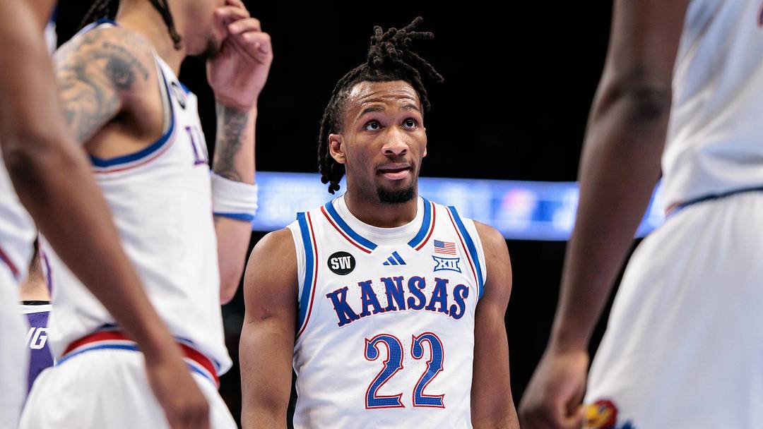 Mar 12, 2026; Kansas City, MO, USA; Kansas Jayhawks guard Darryn Peterson (22) during a break in play during the second half against the TCU Horned Frogs at T-Mobile Center. Mandatory Credit: William Purnell-Imagn Images